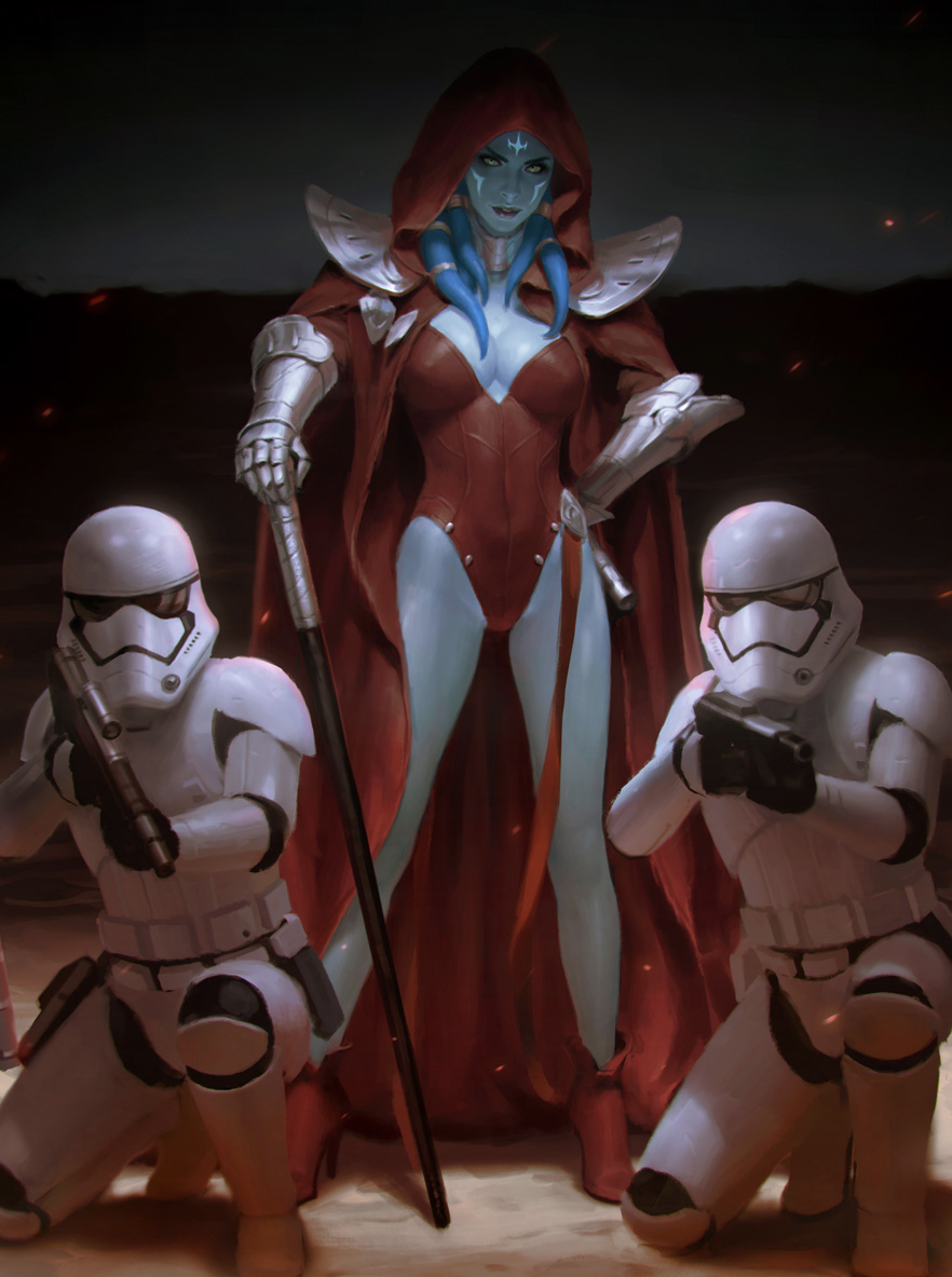 1girl alien armor blue_hair blue_skin breasts cape cleavage energy_sword facial_tattoo first_order gauntlets gorget green_eyes gun hood kilart leotard lightsaber lips one_knee pauldrons realistic rifle science_fiction scope sith soldier star_wars star_wars:_the_force_awakens stormtrooper sword tattoo weapon