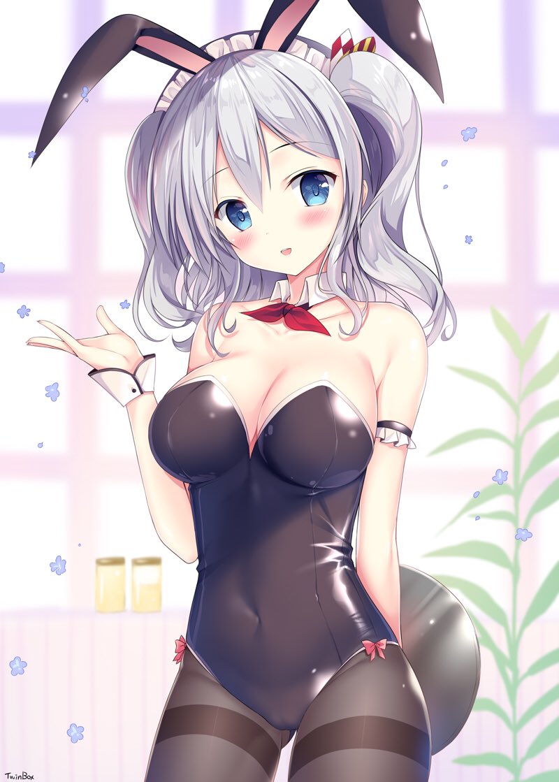 1girl animal_ears bangs bare_shoulders black_legwear blue_eyes blush breasts bunny_girl bunnysuit cleavage commentary_request detached_collar fake_animal_ears kantai_collection kashima_(kantai_collection) large_breasts leotard long_hair looking_at_viewer maid_headdress open_mouth pantyhose rabbit_ears sidelocks silver_hair smile solo sousouman thighband_pantyhose tray tsurime twintails wavy_hair wrist_cuffs