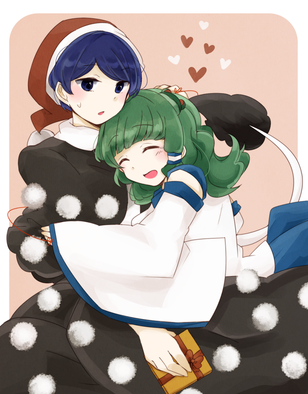 2girls blue_eyes blue_hair blush box character_request closed_eyes commentary_request gift gift_box green_hair hat heart highres holding hug long_hair multiple_girls nightcap pom_pom_(clothes) red_string short_hair string tail tama_(hiroshige_36) touhou yuri