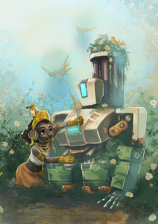 1girl animal animal_on_head bastion_(overwatch) bird bird_on_head commentary dark_skin efi_oladele facepaint gatling_gun gloves gun headphones junk_(artist) kneeling mechanic omnic on_head overgrown overwatch robot very_dark_skin weapon wrench yellow_gloves