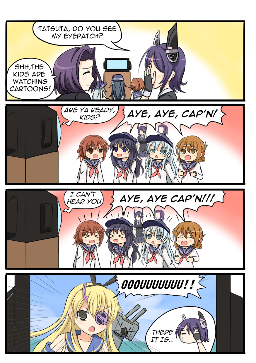 &gt;_&lt; 4koma 6+girls akatsuki_(kantai_collection) anchor_symbol blonde_hair blue_eyes brown_eyes brown_hair closed_eyes comic commentary english eyepatch fingerless_gloves flat_cap folded_ponytail gloves hat headgear hibiki_(kantai_collection) highres ikazuchi_(kantai_collection) inazuma_(kantai_collection) kantai_collection long_hair long_sleeves mechanical_halo multiple_girls neckerchief one_eye_covered open_mouth parody purple_hair rensouhou-chan school_uniform serafuku setia_pradipta shimakaze_(kantai_collection) short_hair silver_hair speech_bubble spongebob_squarepants sweatdrop tatsuta_(kantai_collection) tenryuu_(kantai_collection) triangle_mouth violet_eyes