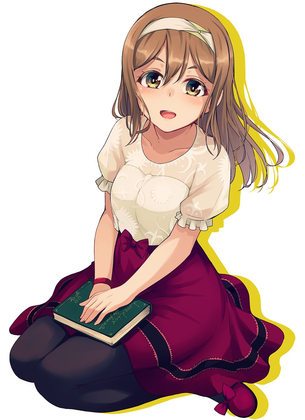 1girl :d black_legwear blouse blush book bow bright_pupils brown_eyes brown_hair collarbone frilled_sleeves frills full_body hairband hand_on_lap highres knees_together_feet_apart kunikida_hanamaru long_hair looking_at_viewer love_live! love_live!_sunshine!! nanotsuki open_mouth pantyhose pink_bow pink_shoes pink_skirt puffy_short_sleeves puffy_sleeves reflective_eyes round_teeth see-through shoe_bow shoes short_sleeves sitting skirt smile solo tareme teeth wariza white_hairband wristband