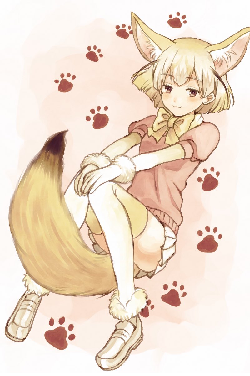 1girl :3 animal_ears blonde_hair brown_eyes eyebrows eyebrows_visible_through_hair eyelashes fennec_(kemono_friends) floating fox_ears fox_tail full_body fur-trimmed_gloves fur_trim gloves hands_on_own_knees highres jitome kemono_friends knees_together_feet_apart kurodeko loafers looking_at_viewer neck_ribbon paw_background pink_background pink_shirt puffy_short_sleeves puffy_sleeves ribbon shirt shoes short_hair short_sleeves skirt smile smug socks solo tail thigh-highs white_footwear white_gloves white_shoes white_skirt yellow_ribbon