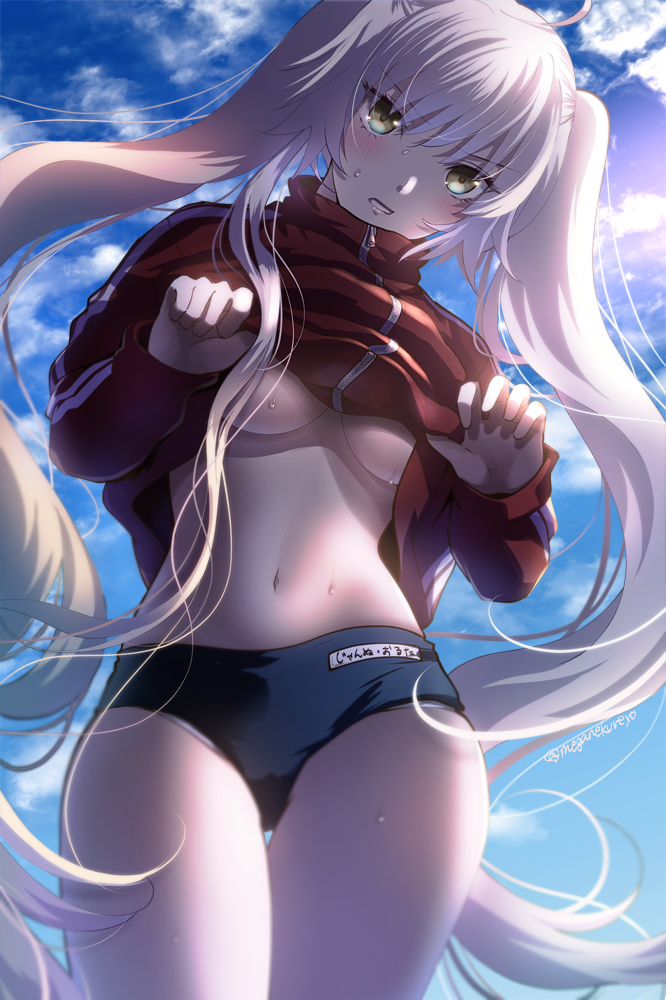 1girl ahoge alternate_costume alternate_hairstyle bangs blush breasts buruma cowboy_shot day fate/grand_order fate_(series) jacket jacket_lift jeanne_alter lifted_by_self long_hair long_sleeves looking_at_viewer medium_breasts navel panties panty_slip parted_lips ruler_(fate/apocrypha) silver_hair solo stomach sunlight sushimaro sweat thigh_gap track_jacket twintails under_boob underwear very_long_hair white_panties yellow_eyes