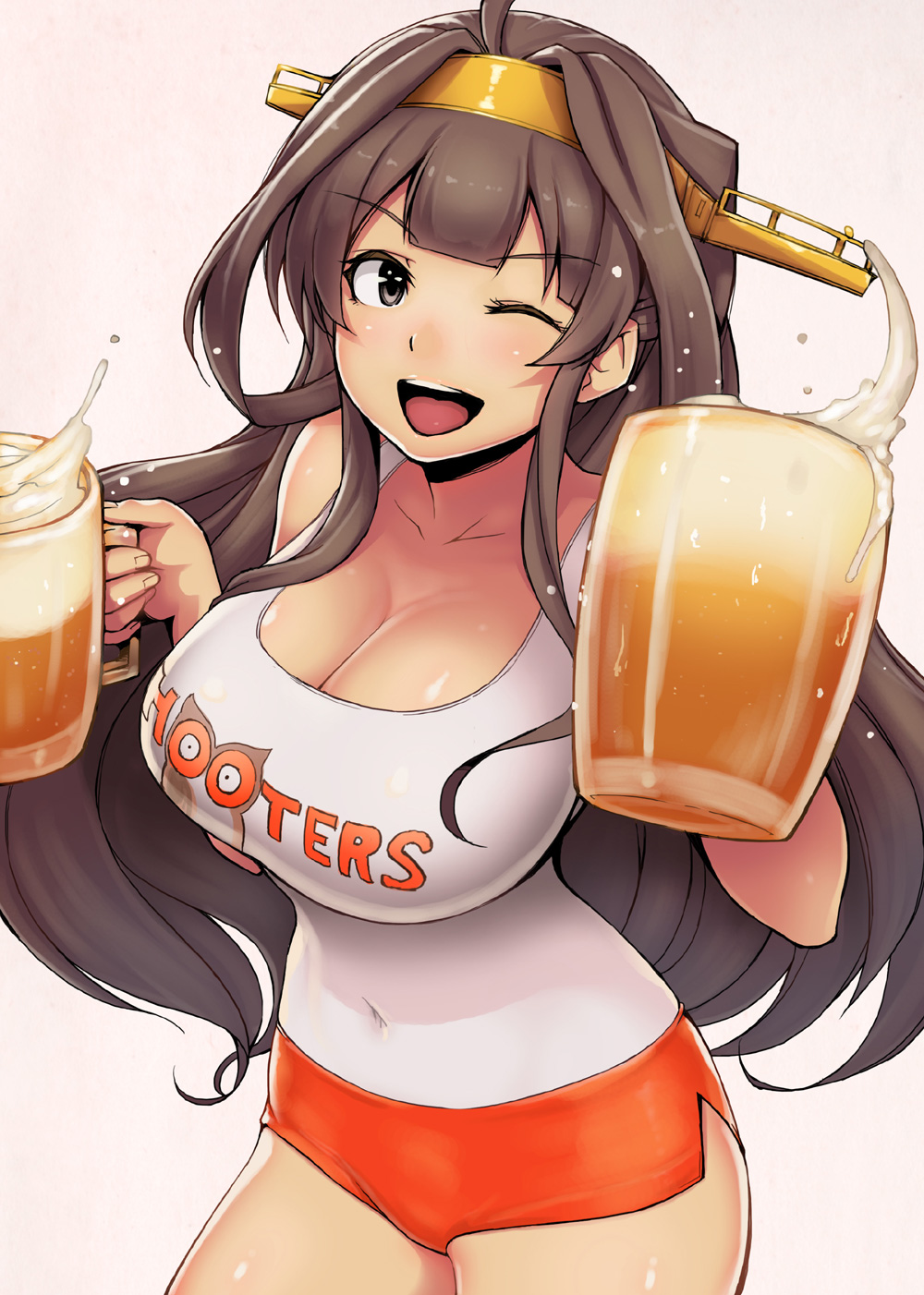 &gt;;d 1girl ;d ahoge ao_madou-shi beer_mug black_eyes blush breasts brown_hair cleavage collarbone covered_navel cowboy_shot cup drinking_glass hairband headgear highres holding holding_drinking_glass hooters kantai_collection kongou_(kantai_collection) large_breasts long_hair looking_at_viewer one_eye_closed open_mouth short_shorts shorts side_slit sidelocks smile solo tank_top teeth