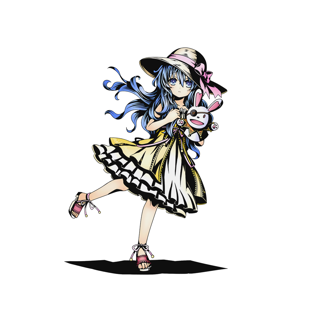 1girl blue_eyes blue_hair date_a_live divine_gate dress full_body hair_between_eyes hat layered_dress long_hair looking_at_viewer official_art one_leg_raised pink_ribbon ribbon shadow sleeveless sleeveless_dress solo straw_hat sun_hat transparent_background ucmm yoshino_(date_a_live) yoshinon