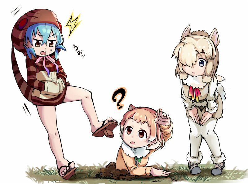 3girls ? alpaca_ears alpaca_suri alpaca_tail animal_ears aqua_hair arm_up bare_legs black-tailed_prairie_dog_(kemono_friends) blonde_hair blue_eyes boots brown_eyes commentary_request expressive_tail fur_collar fur_trim geta grass hair_over_one_eye hands_in_pockets hands_on_own_thighs hood hoodie jacket kemono_friends knees_together_feet_apart leaning_forward light_brown_hair long_sleeves looking_at_another multiple_girls neck_ribbon open_mouth pantyhose prairie_dog_ears ribbon short_hair sidelocks standing standing_on_one_leg striped_hoodie striped_tail tail tail_raised tsuchinoko_(kemono_friends) unichiri