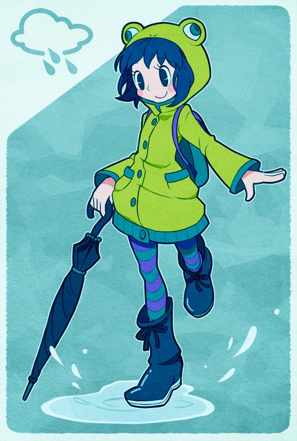 1girl backpack bag blue_background blue_eyes blue_hair boots check_commentary closed_umbrella clouds commentary commentary_request frog_raincoat icon_(sugarless_yogurt) original pac-man_eyes puddle raincoat short_hair smile solo striped striped_legwear thigh-highs two-tone_background umbrella water water_drop