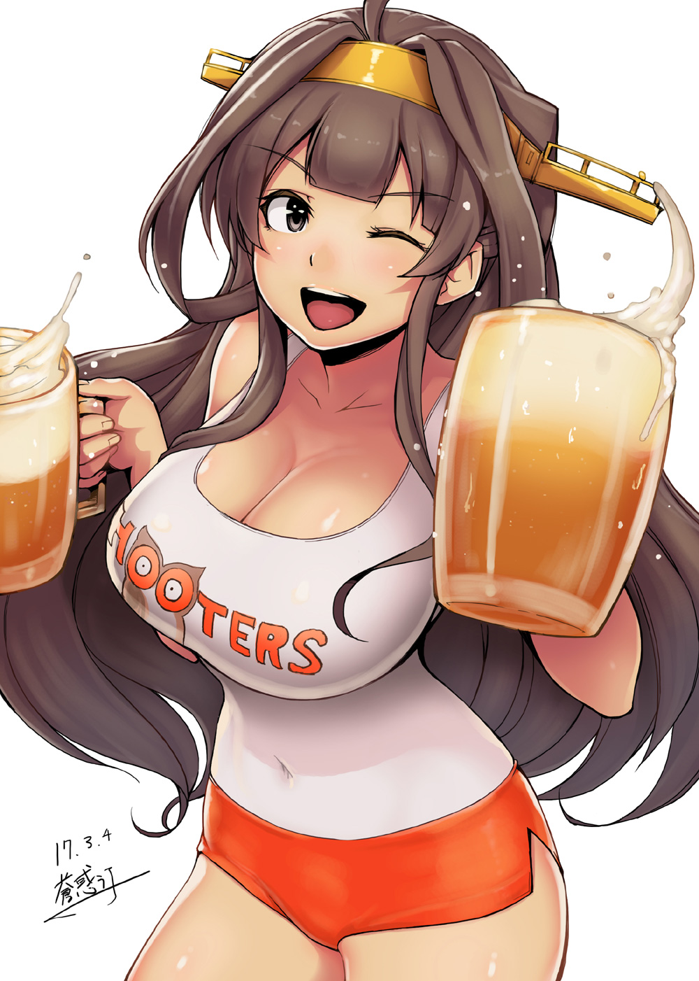 &gt;;d 1girl ;d ahoge ao_madou-shi beer_mug black_eyes blush breasts brown_hair cleavage collarbone covered_navel cowboy_shot cup drinking_glass hairband headgear highres holding holding_drinking_glass hooters kantai_collection kongou_(kantai_collection) large_breasts long_hair looking_at_viewer one_eye_closed open_mouth short_shorts shorts side_slit sidelocks smile solo tank_top teeth