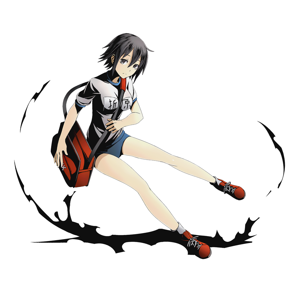 1girl bag black_eyes black_hair buruma character_name divine_gate durarara!! full_body gym_uniform hair_between_eyes looking_at_viewer official_art orihara_kururi red_shoes school_bag shadow shoes short_hair socks solo transparent_background ucmm white_legwear