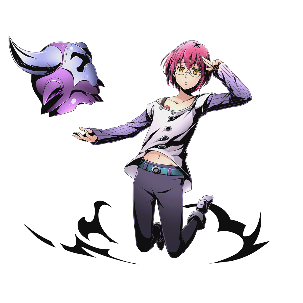 1boy androgynous belt collarbone divine_gate full_body glasses gowther groin helmet looking_at_viewer nanatsu_no_taizai navel official_art purple_hair shadow shirt solo transparent_background ucmm yellow_eyes