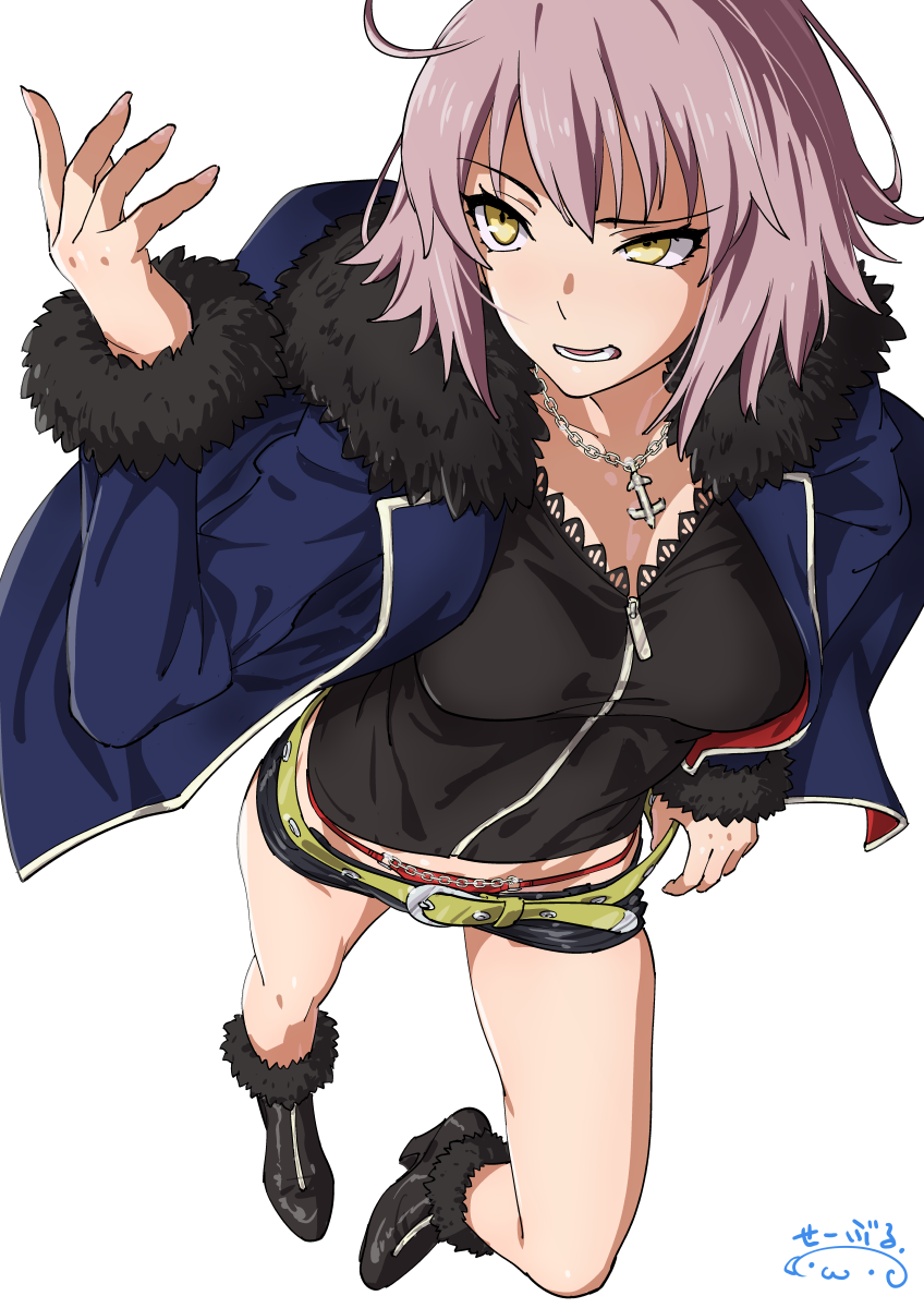 1girl belt fate/grand_order fate_(series) fur_trim highres jacket jeanne_alter jewelry midriff_peek necklace ruler_(fate/apocrypha) short_hair short_shorts shorts solo suna yellow_eyes