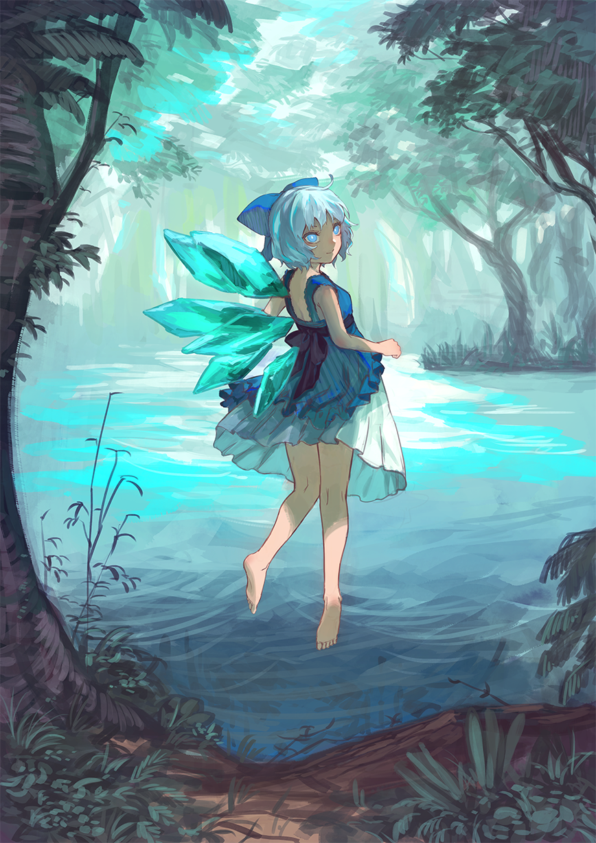 1girl barefoot berabou blue_bow blue_dress blue_eyes blue_hair bow cirno day dress full_body hair_bow highres ice ice_wings lake looking_at_viewer nature outdoors short_hair solo touhou tree wings