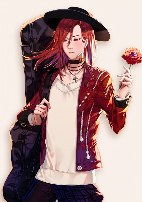 1boy alternate_costume closed_eyes fate/grand_order fate_(series) flower grey_background hat instrument_case jacket jewelry long_hair male_focus necklace red_eyes redhead rose shei99 simple_background solo tristan_(fate/grand_order) upper_body