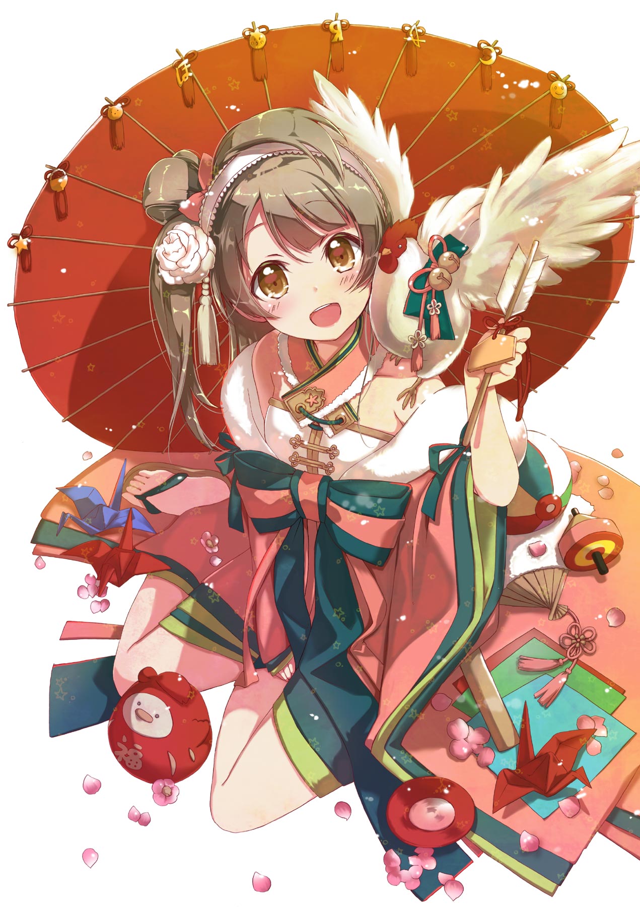 1girl animal bird blush bow breasts cherry_blossoms eyebrows eyelashes fan flower hair_bow hair_flower hair_ornament hekicha highres holding japanese_clothes long_hair long_sleeves looking_at_viewer love_live! love_live!_school_idol_project minami_kotori open_mouth oriental_umbrella petals sitting smile solo umbrella white_background yellow_eyes