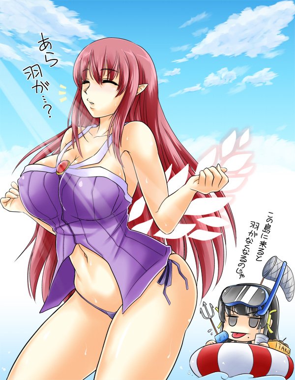 /\/\/\ 2girls ^_^ arcana_heart arcana_heart_2 bare_arms bare_shoulders breasts butterfly_net character_request chibi clarice_di_lanza cleavage closed_eyes collarbone cowboy_shot cup day diving_mask_on_head food forester hair_ribbon hand_net innertube large_breasts long_hair multiple_girls navel panties parted_lips pointy_ears polearm popsicle purple_panties redhead ribbon side-tie_panties sidelocks stomach sunlight takoyaki translation_request tress_ribbon trident underwear weapon wings yunomi