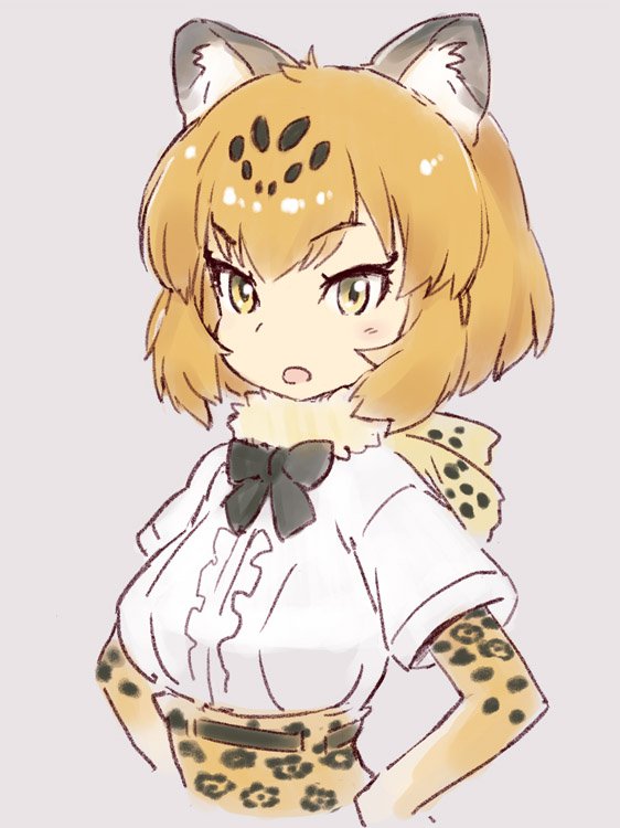 1girl animal_ears blonde_hair blush bow commentary_request elbow_gloves gloves hands_on_hips kawata_hisashi kemono_friends looking_at_viewer open_mouth serval_(kemono_friends) serval_ears serval_print short_hair sketch solo