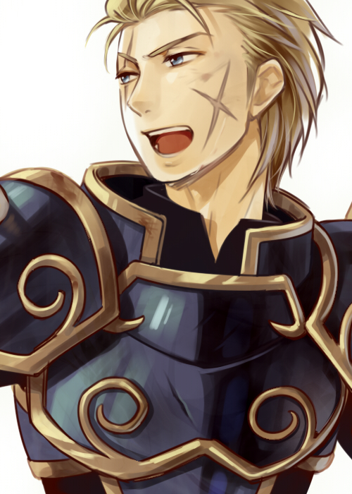 1boy armor blonde_hair blue_eyes fire_emblem fire_emblem:_mystery_of_the_emblem kiyuu male_focus oguma open_mouth portrait scar simple_background solo teeth white_background