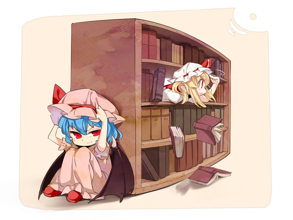 2girls asu_tora bat_wings blonde_hair blue_hair book bookshelf commentary_request flandre_scarlet hat hat_ribbon hiding mob_cap multiple_girls red_eyes red_ribbon red_shoes remilia_scarlet ribbon shoes short_hair siblings sisters sitting smile touhou wings