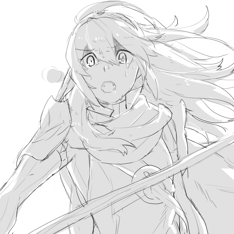 1girl aisutabetao cape cloak falchion_(fire_emblem) fire_emblem fire_emblem:_kakusei gloves long_hair looking_at_viewer lucina monochrome open_mouth simple_background solo tears tiara white_background