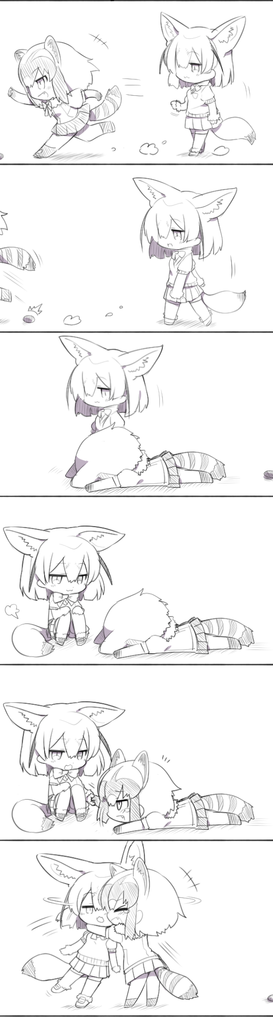 animal_ears blush bow comic fennec_(kemono_friends) fox_ears gloves highres hug kemono_friends kisaragi_kaya multiple_girls open_mouth puffy_sleeves raccoon_(kemono_friends) shirt short_hair short_sleeves silent_comic skirt smile tail translation_request