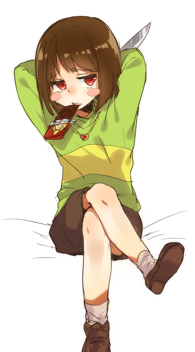 androgynous blush_stickers brown_hair brown_shoes brown_shorts candy chara_(undertale) chocolate chocolate_bar commentary_request food green_shirt heart heart_necklace highres holding holding_knife horizontal_stripes knife loafers red_eyes shirt shoes short_hair shorts simple_background sitting socks solo striped striped_shirt undertale white_background white_legwear