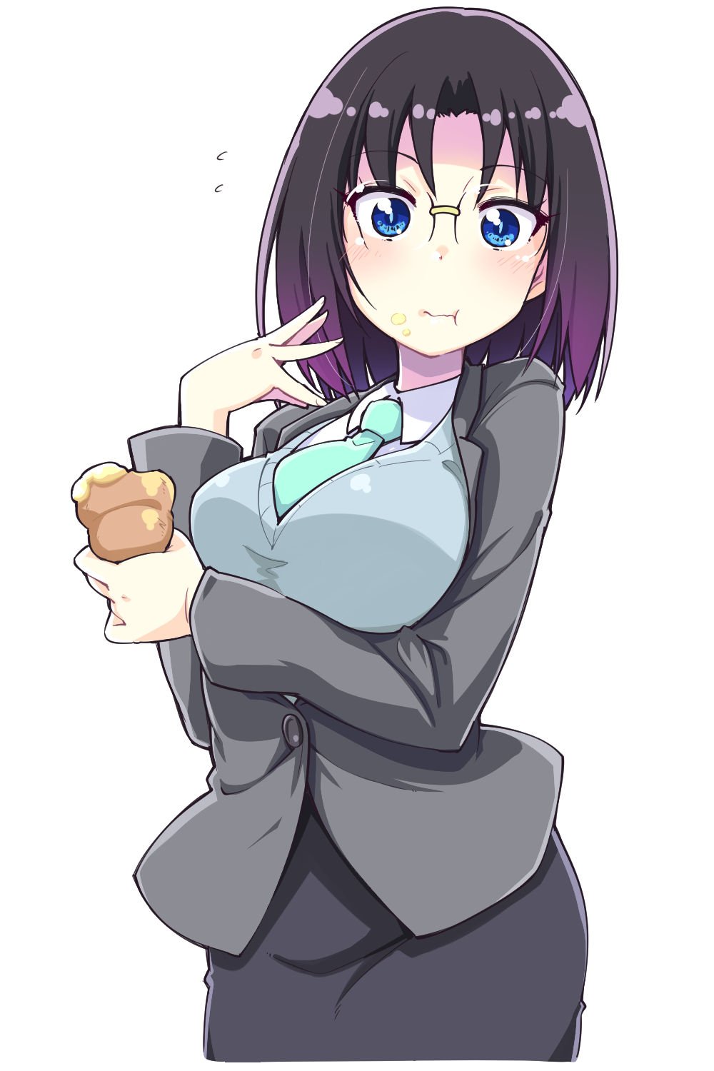 1girl :t bangs black_hair blazer blue_sweater blush breasts collared_shirt dragon_girl elma_(maidragon) eyebrows_visible_through_hair food food_on_face formal framed_breasts glasses gradient_hair green_necktie highres holding holding_food jacket kobayashi-san_chi_no_maidragon large_breasts looking_at_viewer multicolored_hair necktie office_lady parted_bangs rimless_glasses shirt short_hair simk simple_background skirt_suit slit_pupils solo suit sweater sweater_vest white_background wing_collar