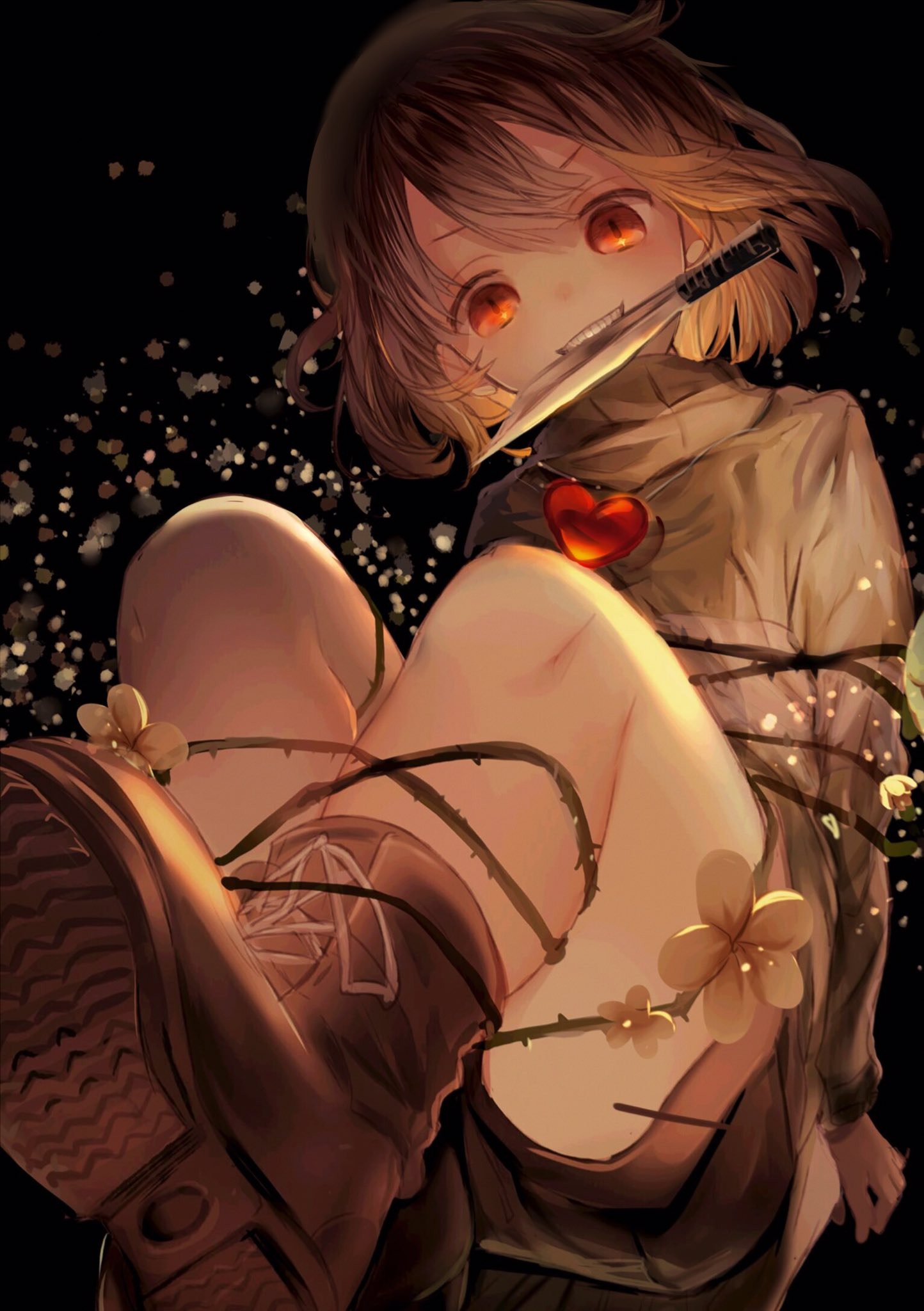 1girl arms_behind_back bangs black_background boots bound bound_wrists brown_boots brown_eyebrows brown_hair chara_(undertale) eyebrows_visible_through_hair green_sweater heart highres knife knife_in_mouth kukri locket looking_at_viewer mouth_hold opopowa orange_eyes plant short_hair sitting smile solo sweater tied_up undertale vines