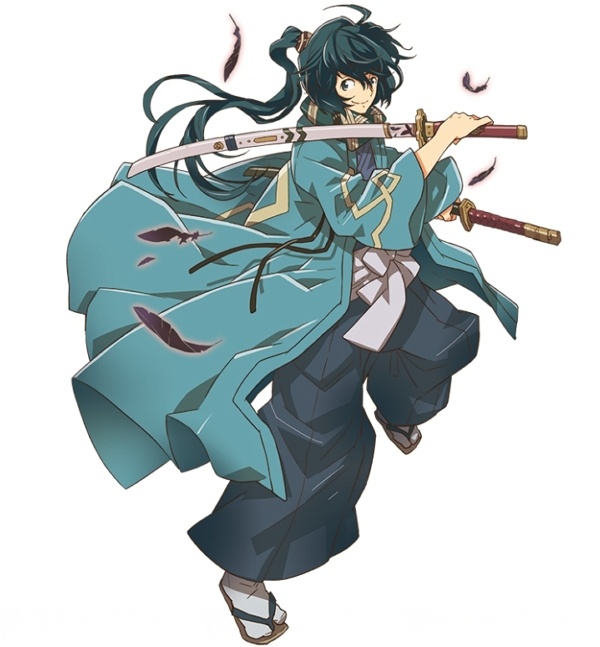 1boy black_feathers black_hair brown_eyes dual_wielding full_body geta grey_legwear hair_ornament hara_kazuhiro holding holding_sword holding_weapon log_horizon long_hair looking_at_viewer official_art ponytail seta_soujirou_(log_horizon) sheath sheathed shinsengumi simple_background solo soujirou_seta standing sword weapon white_background