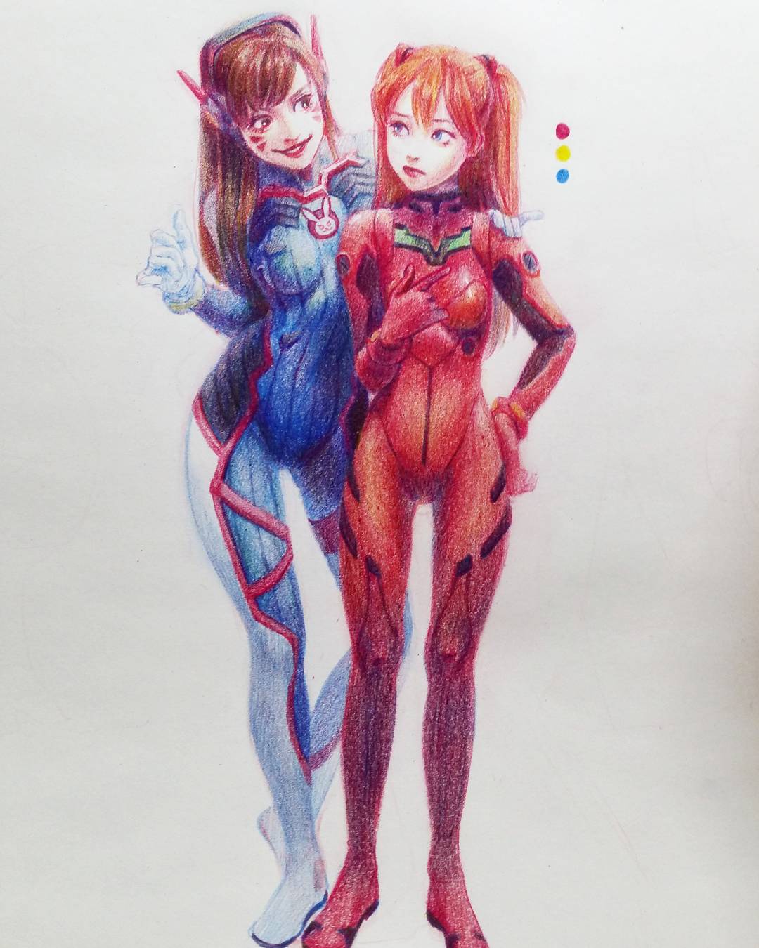 2girls animal_print bangs blue_bodysuit blue_eyes bodysuit boots bracer breasts breasts_apart brown_eyes brown_hair bunny_print color_palette covered_navel crayon_(medium) crossover d.va_(overwatch) eyelashes facepaint facial_mark flower full_body gloves hairpods hand_on_another's_shoulder hand_on_hip hand_on_own_chest hand_up hands_up headgear headphones high_collar highres impossible_bodysuit impossible_clothes index_finger_raised legs_apart lips lipstick long_hair long_sleeves makeup medium_breasts multiple_girls neon_genesis_evangelion nose orange_hair overwatch parted_lips pauldrons pilot_suit pinky_out plugsuit red_bodysuit red_gloves red_lips red_lipstick ribbed_bodysuit seojoo_woo shoulder_pads simple_background skin_tight smile solo souryuu_asuka_langley standing straight_hair tape thigh-highs thigh_boots thigh_strap traditional_media turtleneck two_side_up whisker_markings white_background white_boots white_gloves