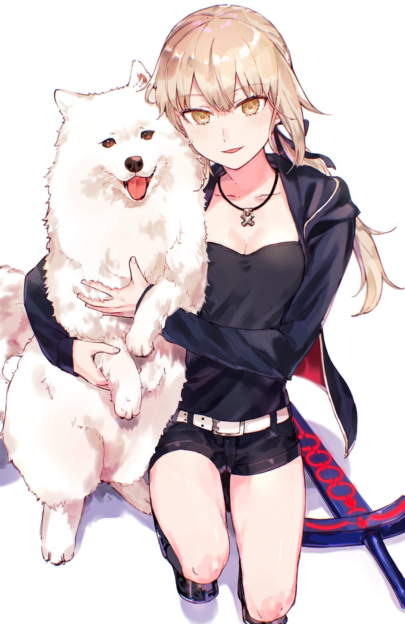 1girl :d animal bangs belt black_ribbon black_shirt black_shorts blonde_hair breasts cleavage collarbone dark_excalibur dog fate/grand_order fate/stay_night fate_(series) hair_ribbon hands_in_pockets highres hood hood_down hoodie hug jewelry large_breasts long_hair long_sleeves looking_at_viewer medium_breasts midriff navel necklace nekoremon open_mouth pendant ponytail ribbon saber saber_alter shirt short_shorts shorts simple_background smile solo squatting standing white_background yellow_eyes