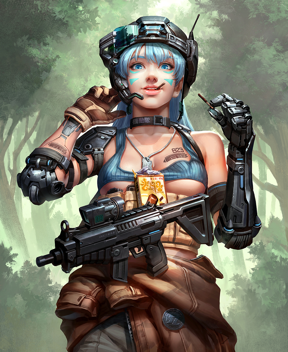 1girl blue_bikini_top blue_eyes blue_hair box breasts brown_gloves clothes_around_waist collar day dog_tags facepaint food forest gloves gun he_ran helmet highres holding holding_food jacket_around_waist looking_at_viewer machine_gun mechanical_arms medium_breasts mouth_hold nature number original outdoors parted_lips pocky realistic single_glove soldier solo tattoo tree weapon