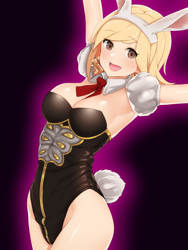 1girl animal_ears arched_back armpits arms_up bangs black_background black_leotard blonde_hair breasts bunny_tail bunnysuit cleavage cowboy_shot detached_collar djeeta_(granblue_fantasy) eyebrows_visible_through_hair fake_animal_ears fake_tail glowing granblue_fantasy leotard looking_at_viewer medium_breasts nezuko open_mouth rabbit_ears red_ribbon ribbon short_hair_with_long_locks smile solo strapless strapless_leotard swept_bangs tail