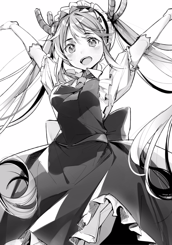 1girl apron arms_up blush breasts dragon_girl dragon_horns dragon_tail dress dsmile elbow_gloves fang gloves greyscale horns kobayashi-san_chi_no_maidragon long_hair maid maid_apron maid_headdress monochrome necktie open_mouth outstretched_arms short_sleeves slit_pupils solo spread_arms tail tooru_(maidragon) twintails