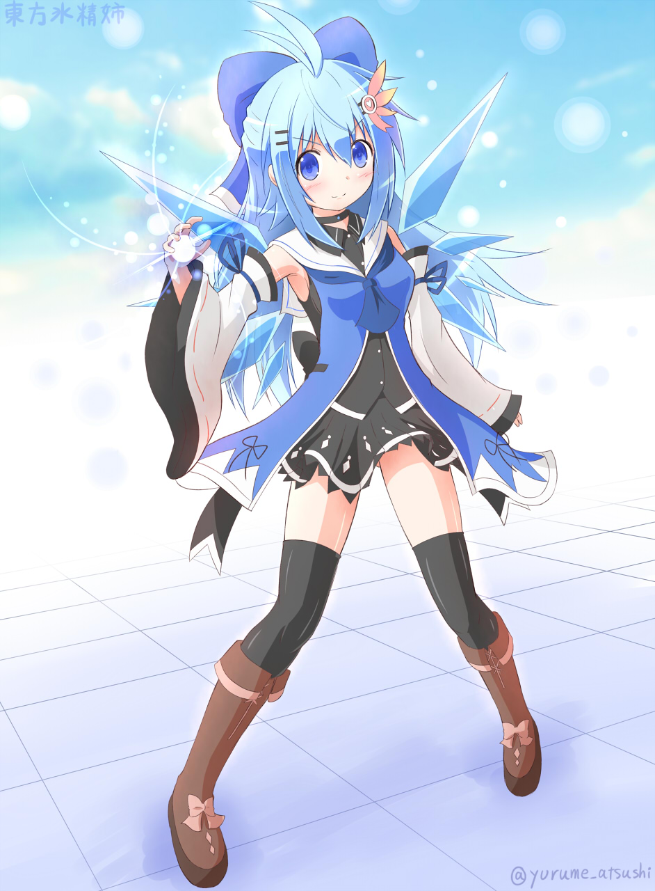 &gt;:) 1girl alternate_costume alternate_hair_length alternate_hairstyle antenna_hair black_legwear blue_eyes blue_hair boots bow choker cirno detached_sleeves hair_bow hair_ornament hair_ribbon hairclip highres ice ice_wings long_hair looking_at_viewer older orb ribbon solo thigh-highs thigh_boots touhou twitter_username wings yurume_atsushi zettai_ryouiki