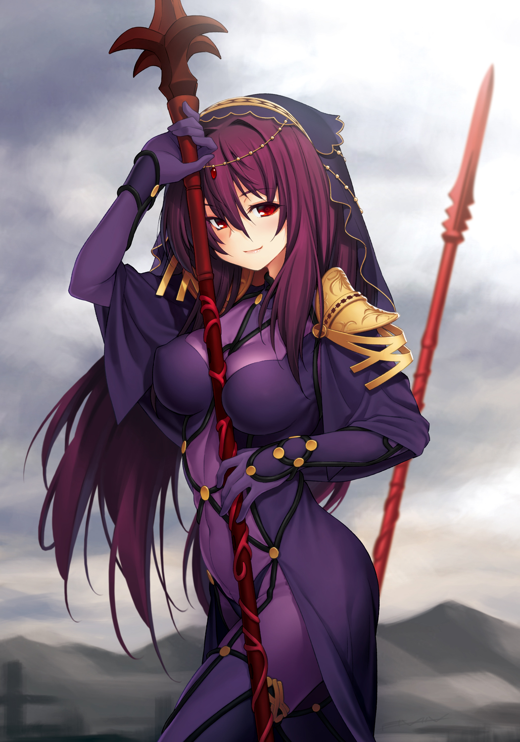 1girl armor bangs between_breasts blush bodysuit breasts closed_mouth covered_navel cowboy_shot erect_nipples fate/grand_order fate_(series) from_side gae_bolg highres holding holding_weapon kazuma_muramasa large_breasts long_hair looking_at_viewer looking_to_the_side pauldrons purple_bodysuit purple_hair red_eyes scathach_(fate/grand_order) shoulder_armor smile solo veil weapon
