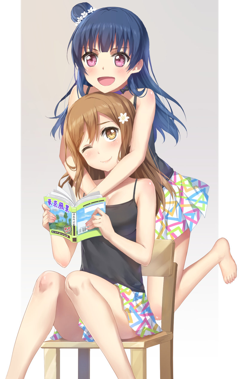 2girls :d bangs bare_arms bare_legs bare_shoulders barefoot black_bow blue_hair blunt_bangs blush body_blush book bow breasts brown_eyes brown_hair camisole chair choker cleavage collarbone flower grey_background hair_bun hair_flower hair_ornament head_tilt highres holding holding_book hug hug_from_behind knees_together_feet_apart kunikida_hanamaru leg_up long_hair looking_up love_live! love_live!_sunshine!! medium_breasts multiple_girls open_book open_mouth partner_look pleated_skirt purple_choker raised_eyebrows simple_background sitting skirt smile spaghetti_strap standing standing_on_one_leg tareme tonee triangle_print tsushima_yoshiko violet_eyes yuri