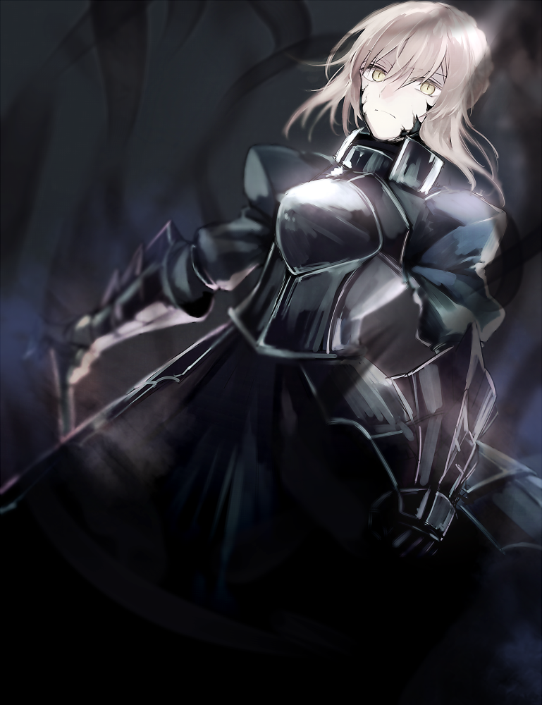 1girl armor armored_dress black_dress blonde_hair closed_mouth dark_background dark_persona dress eyebrows_visible_through_hair fate/stay_night fate_(series) gauntlets glint looking_at_viewer planted_weapon puffy_sleeves saber saber_alter short_hair solo weapon wowishi yellow_eyes