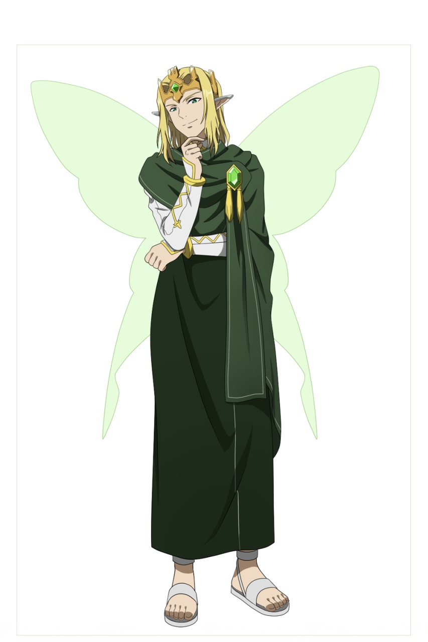 1boy blonde_hair butterfly_wings crown full_body green_eyes green_wings head_tilt highres long_hair oberon_(sao) official_art pointy_ears simple_background solo standing sword_art_online white_background wings