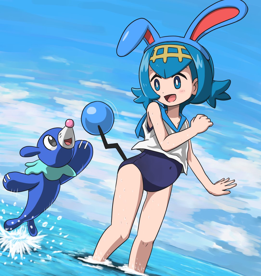 1girl :d animal_ears azumarill azumarill_(cosplay) bangs bare_shoulders black_eyes blue_eyes blue_hair blue_sky blue_swimsuit blush clouds cosplay covered_navel day dutch_angle fake_animal_ears fake_tail flat_chest flipped_hair from_side full_body hair_ornament hairband hand_up happy in_water jumping legs looking_at_another motion_lines new_school_swimsuit ocean one-piece_swimsuit open_mouth outdoors outstretched_arm partially_submerged pokemon pokemon_(creature) pokemon_(game) pokemon_sm popplio sailor_collar school_swimsuit shirt short_hair sky sleeveless sleeveless_shirt smile splashing standing suiren_(pokemon) swimsuit swimsuit_under_clothes tail tail_wagging takamame trial_captain wading water water_drop wet white_shirt