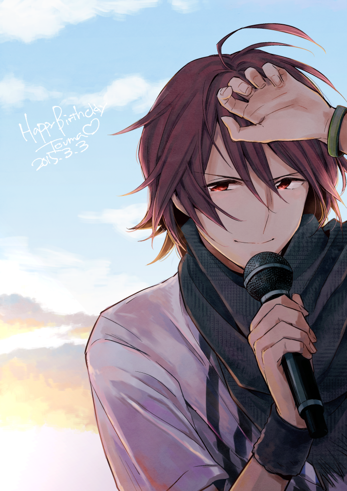 2015 amagase_touma bracelet brown_eyes brown_hair closed_mouth clouds cloudy_sky dated happy_birthday heart idolmaster idolmaster_side-m jewelry male_focus microphone nogoodlife scarf short_sleeves sky smile sunset sweatband