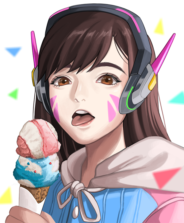 1girl adapted_costume bangs brown_eyes brown_hair casual d.va_(overwatch) double_scoop facial_mark headphones holding hood hoodie ice_cream_cone kirei_kotoba long_hair looking_at_viewer open_mouth overwatch portrait simple_background solo swept_bangs tongue tongue_out triangle whisker_markings white_background