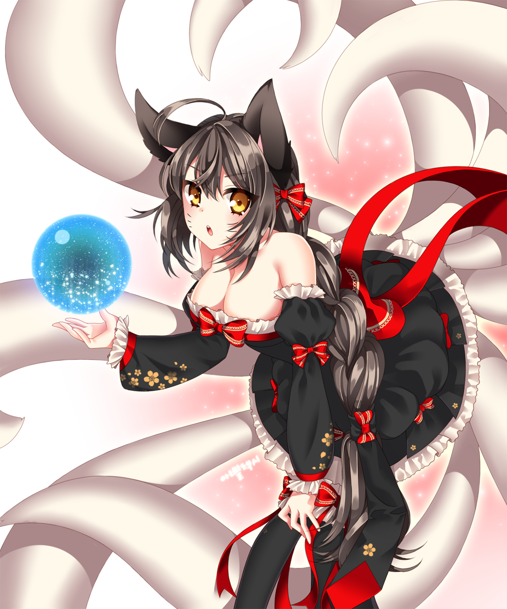 1girl ahri alternate_costume animal_ears bare_shoulders black_hair black_legwear breasts cleavage detached_sleeves dress energy_ball facial_mark fox_ears fox_tail hair_ribbon highres large_breasts league_of_legends long_hair looking_at_viewer multiple_tails open-back_dress ribbon solo tail thigh-highs whisker_markings yellow_eyes