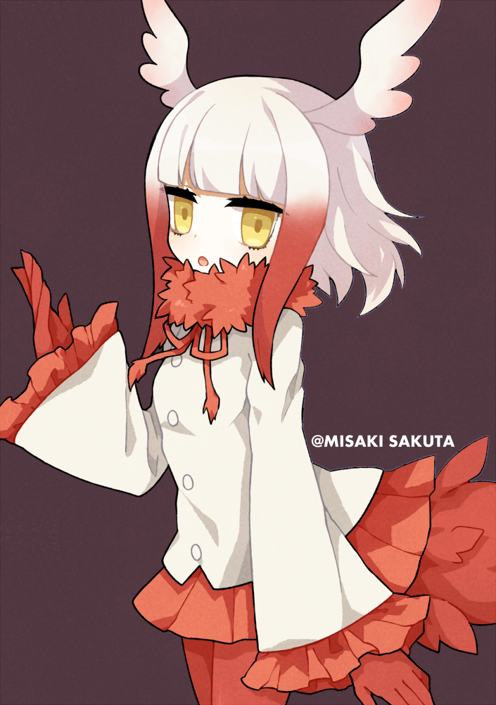 1girl artist_name bangs bird_tail blunt_bangs crested_ibis_(kemono_friends) dokumi frilled_sleeves frills gloves head_wings kemono_friends long_sleeves looking_at_viewer medium_hair miniskirt multicolored_hair pantyhose pleated_skirt red_gloves red_legwear red_skirt shirt silver_hair simple_background skirt solo standing two-tone_hair white_shirt yellow_eyes
