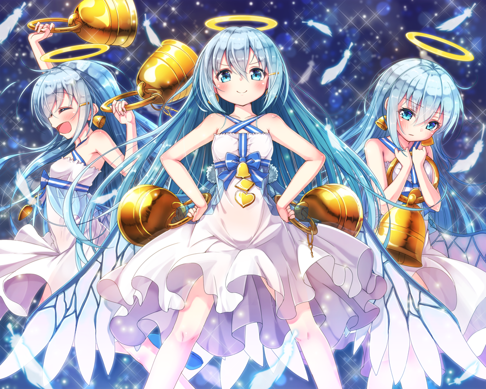 3girls bell_earrings bellringer_angel blue_eyes blue_hair closed_eyes dress earrings feathers hair_ornament hairclip halo hands_on_hips jewelry long_hair looking_at_viewer matokechi multiple_girls open_mouth shadowverse smile standing white_dress wings