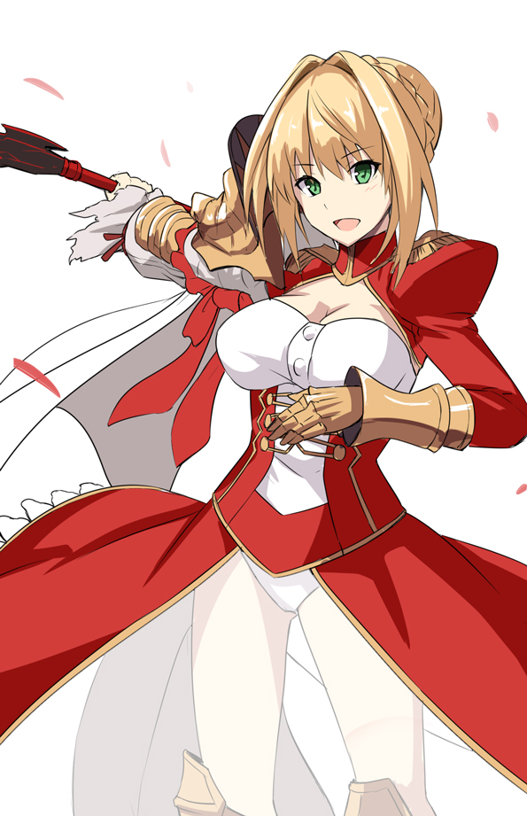 1girl :d aestus_estus armor blonde_hair breasts epaulettes fate/extra fate_(series) gauntlets green_eyes hirame_sa holding holding_sword holding_weapon large_breasts open_mouth petals saber_extra see-through shoulder_armor simple_background smile solo sword weapon white_background