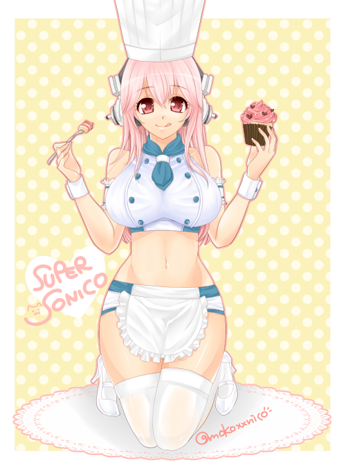 1girl apron armband breasts cake character_name chef_hat chef_uniform cupcake eyebrows_visible_through_hair food fork hat headphones high_heels kneeling large_breasts licking_lips long_hair looking_at_viewer midriff mokoxxnico navel nitroplus pink_hair polka_dot polka_dot_background red_eyes scarf shoes smile solo super_sonico sweets thigh-highs tongue tongue_out twitter_username waist_apron white_legwear white_shoes wrist_cuffs