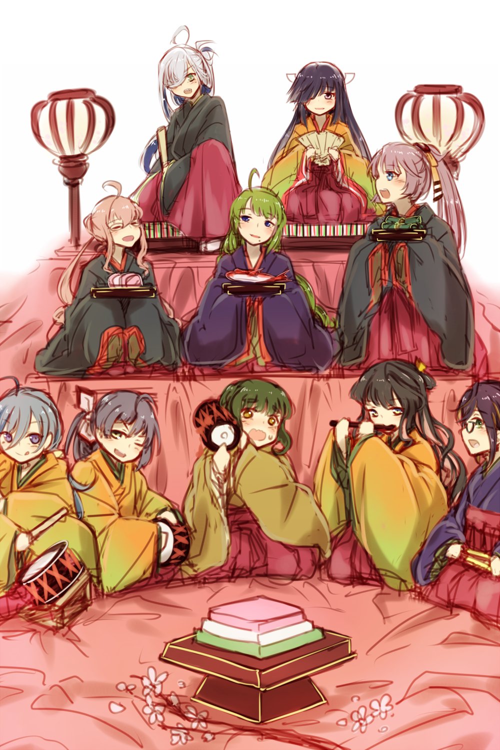 6+girls ahoge alternate_costume asashimo_(kantai_collection) black_hair blue_eyes blush bob_cut braid brown_eyes brown_hair cherry_blossoms commentary_request dessert double_bun drum drumsticks fan flower flute food fujinami_(kantai_collection) glasses green_eyes green_hair grey_eyes grey_hair hair_between_eyes hair_over_one_eye hair_ribbon hakama hayashimo_(kantai_collection) highres hinamatsuri hishimochi hourai_kochou instrument japanese_clothes kantai_collection kazagumo_(kantai_collection) kiyoshimo_(kantai_collection) long_hair long_sleeves low_twintails makigumo_(kantai_collection) mole mole_under_mouth multicolored_hair multiple_girls naganami_(kantai_collection) okinami_(kantai_collection) pink_hair ponytail ribbon short_hair sidelocks silver_hair single_braid sitting smile takanami_(kantai_collection) twintails very_long_hair wide_sleeves yellow_eyes yuugumo_(kantai_collection)