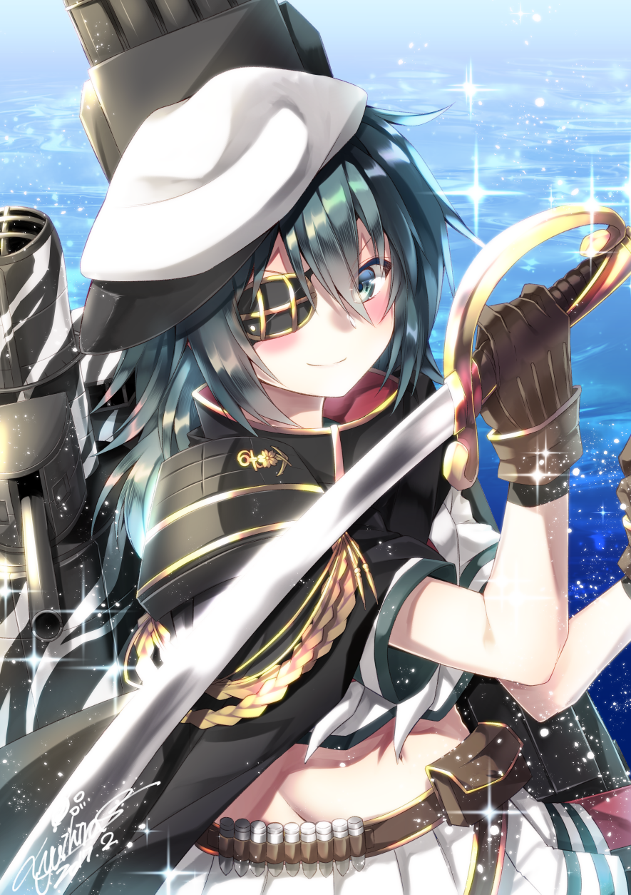 1girl beret brown_gloves commentary_request eyepatch gloves green_eyes green_hair hat highres kantai_collection kiso_(kantai_collection) machinery midriff miniskirt pauldrons red_neckerchief remodel_(kantai_collection) school_uniform serafuku short_hair short_sleeves skirt smile solo sword weapon white_skirt yuihira_asu