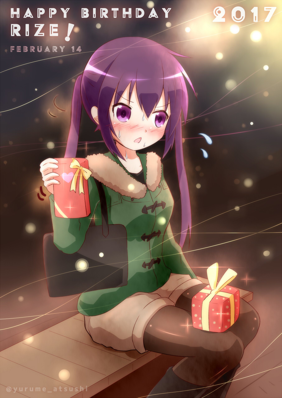 1girl 2017 bag bench black_legwear blush boots box character_name coat commentary_request dated flying_sweatdrops gift gift_box gochuumon_wa_usagi_desu_ka? handbag happy_birthday highres holding knee_boots long_hair looking_at_viewer pantyhose park_bench purple_hair shorts sitting solo sweat tedeza_rize triangle_mouth twintails twitter_username violet_eyes winter_clothes winter_coat yurume_atsushi